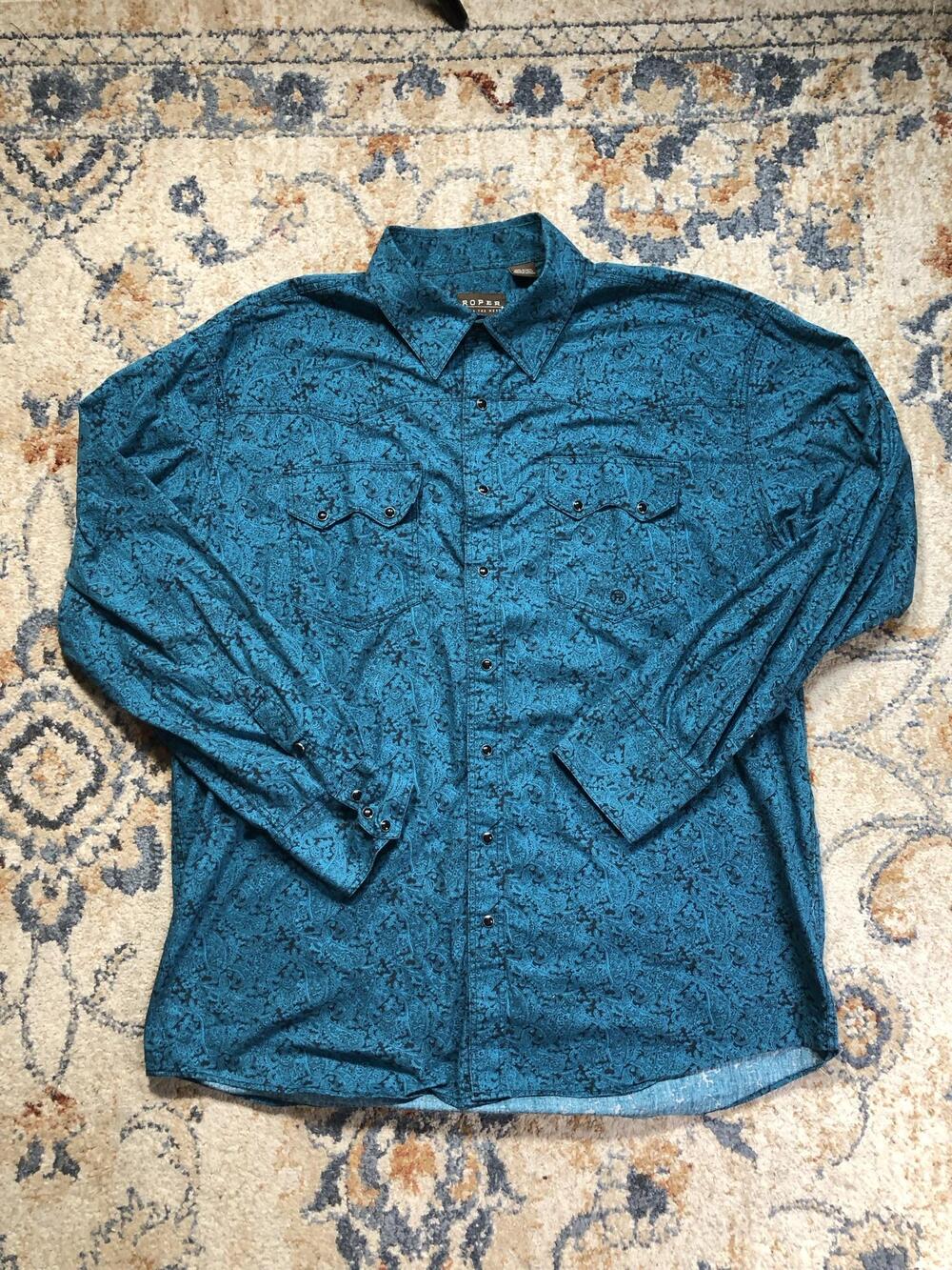 Roper Shirt Mens XL Blue Paisley Western Pearl Snap Long Sleeve Button-Up